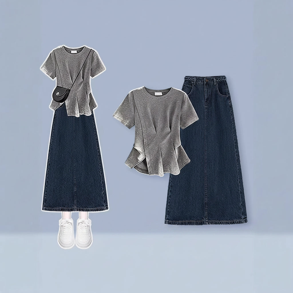 Plus-Size Summer Lazy Style Outfit for Women, Unique Casual T-Shirt Paired with Slimming Retro Denim Skirt Two-Piece Set