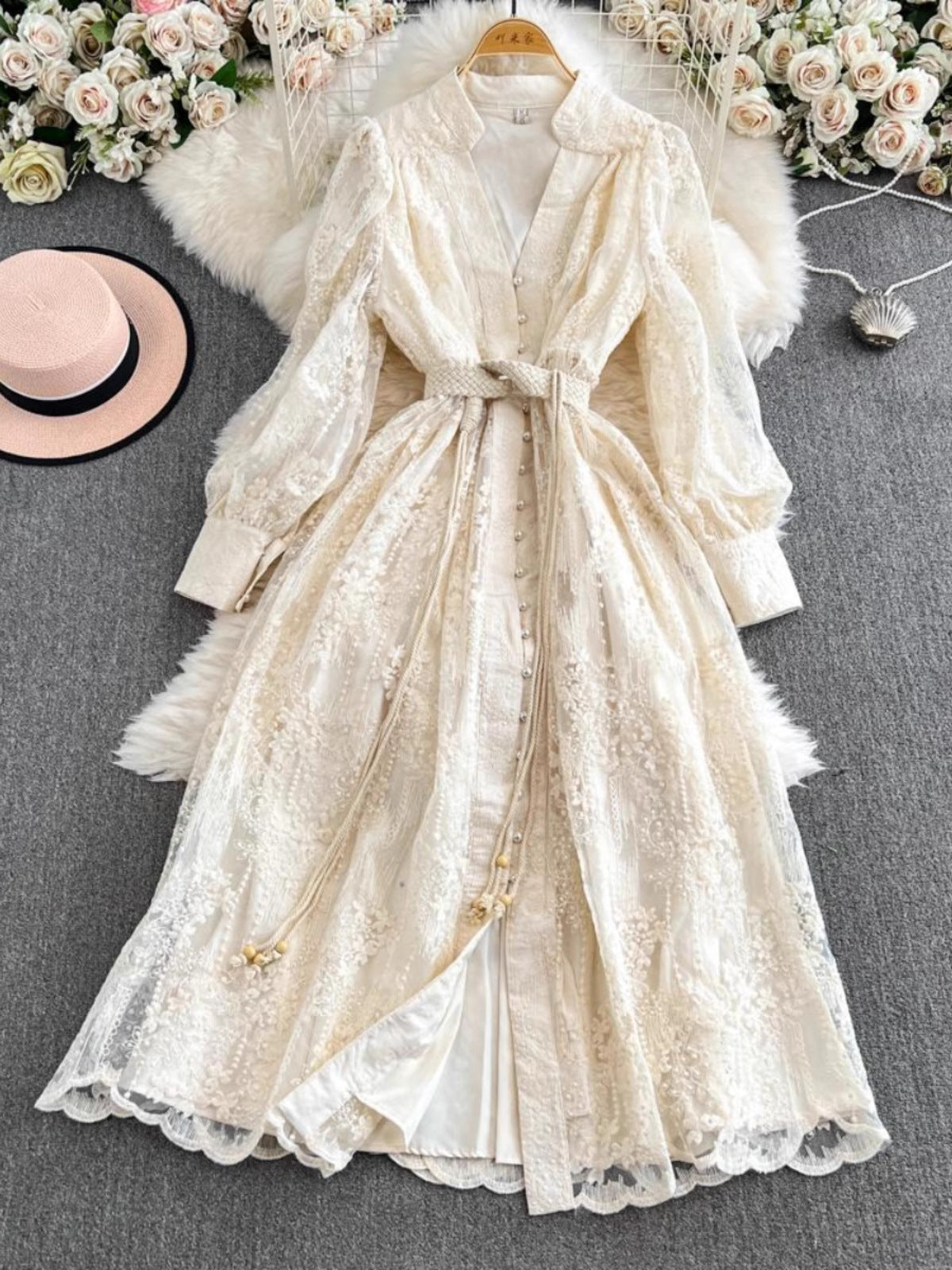 Cross-Border Export Women's Dress 2025 Autumn and Winter Waist-Cinching Heavy Embroidery V Neck Lantern Sleeve Single-Breasted Long Skirt
