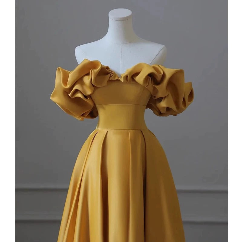 off-shoulder banquet evening dress dress women's satin yellow temperament light luxury niche high-end art test host dress