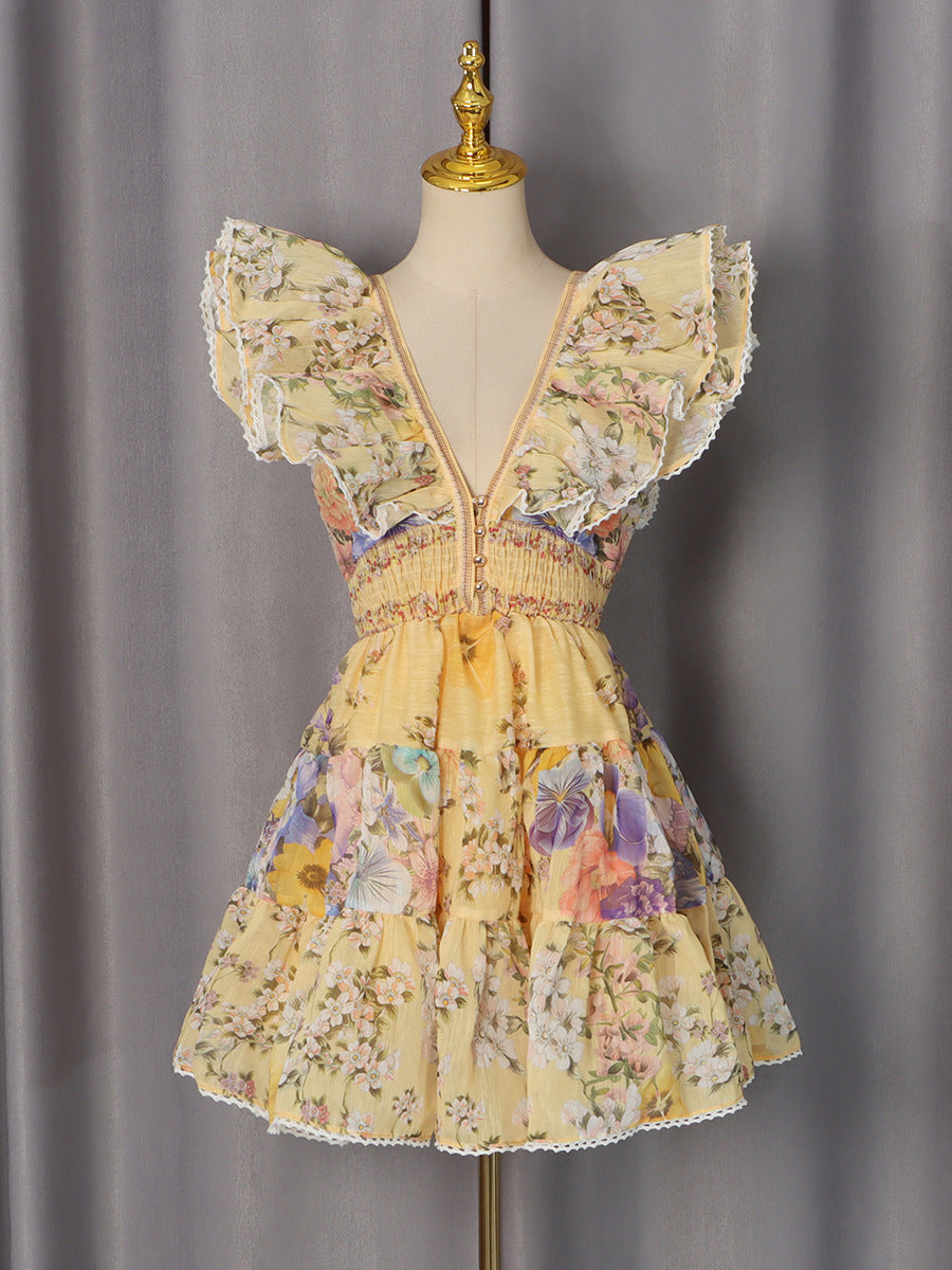 French-Style Elegant Flutter-Sleeve Short Dress 2026 Autumn New High-End Printed Patchwork Deep V-Neck Dress for Women