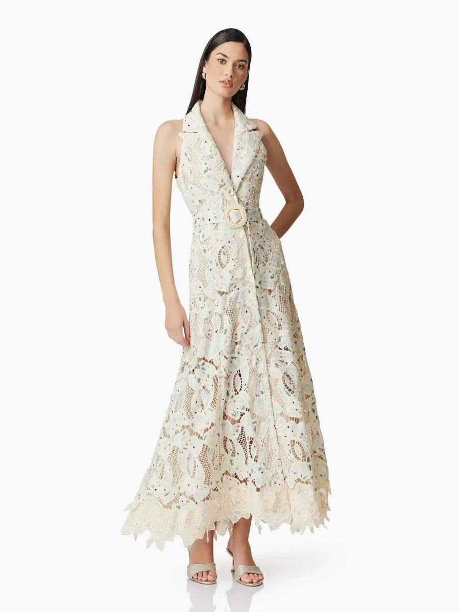 PAPARAZZI CLOSET French Fashion Elegant Lace Hollow Hook Dress Waist Sleeveless Wavy Edge Cardigan Long Skirt