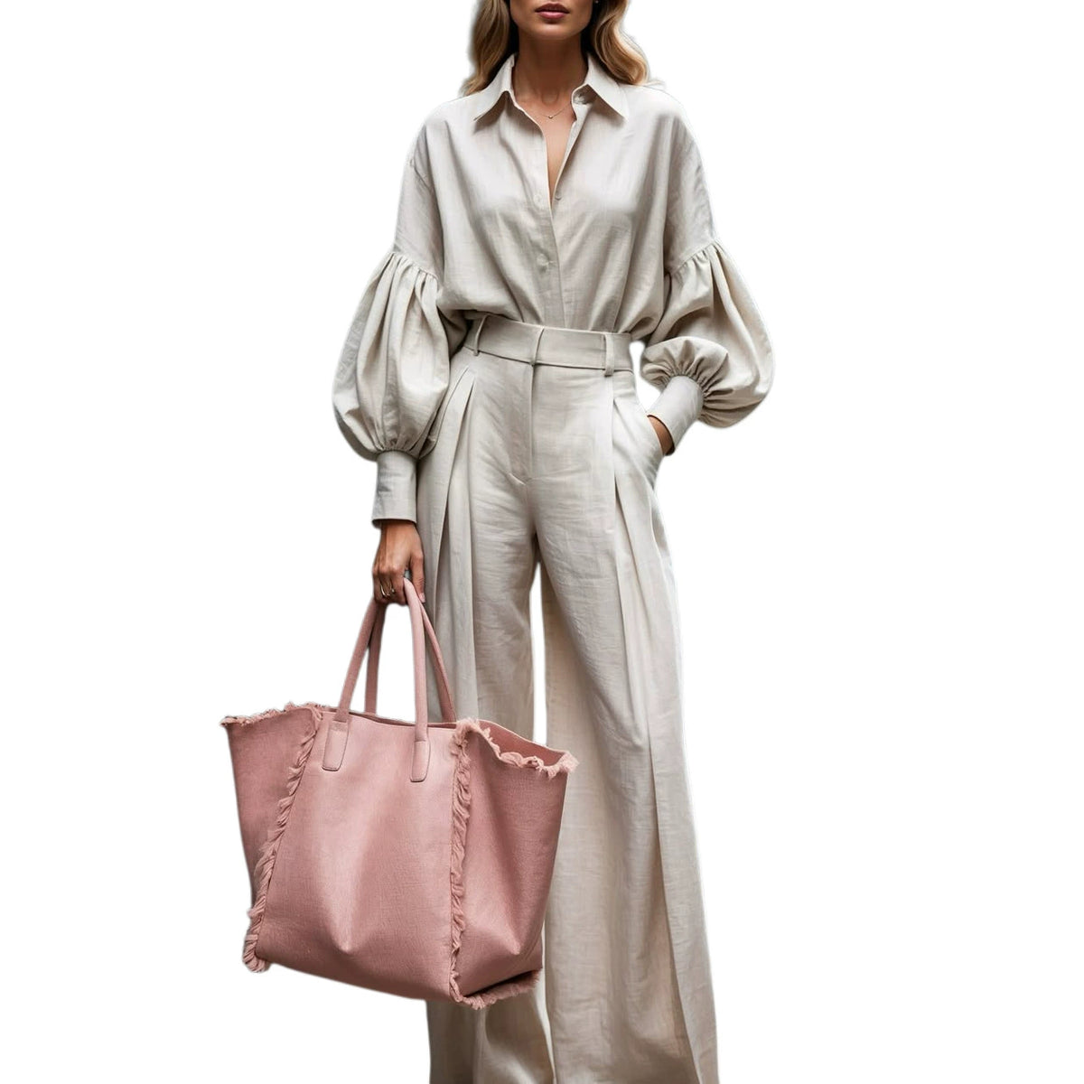 Fd2205 In-Stock 2025 Autumn New Cross-Border Solid Color Long Sleeve Shirt Wide-Leg Pants Fashion Cotton Linen Two-Piece Set