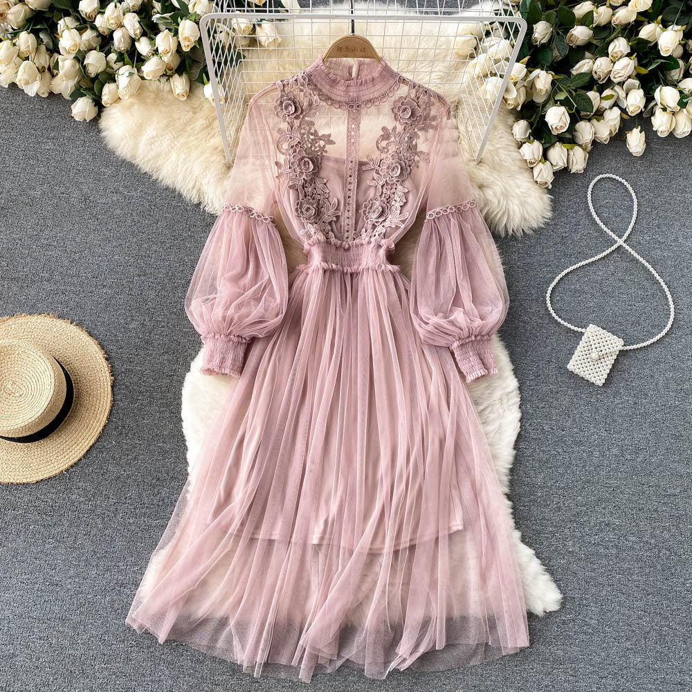 Lace Floral Mesh Skirt with Elegant Stand-Up Collar, Lantern Sleeves, High Waist, Slimming Spaghetti Strap Two-Piece Dress Set with a High-End Feel