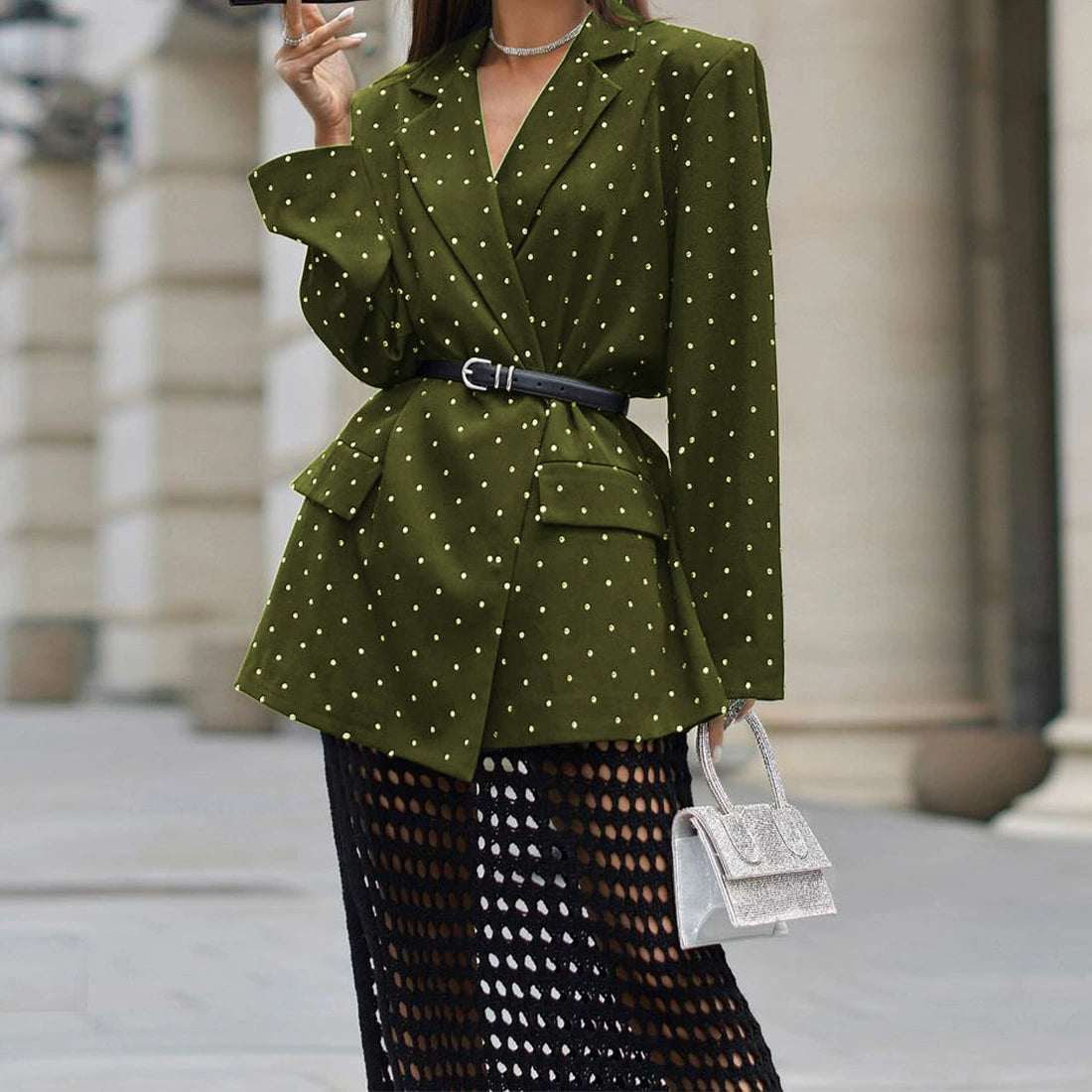 Fd1456 in Stock 2025 Spring New Cross-Border Fashion Elegant Polka Dot Lapel Long-Sleeve Blazer Suit Jacket