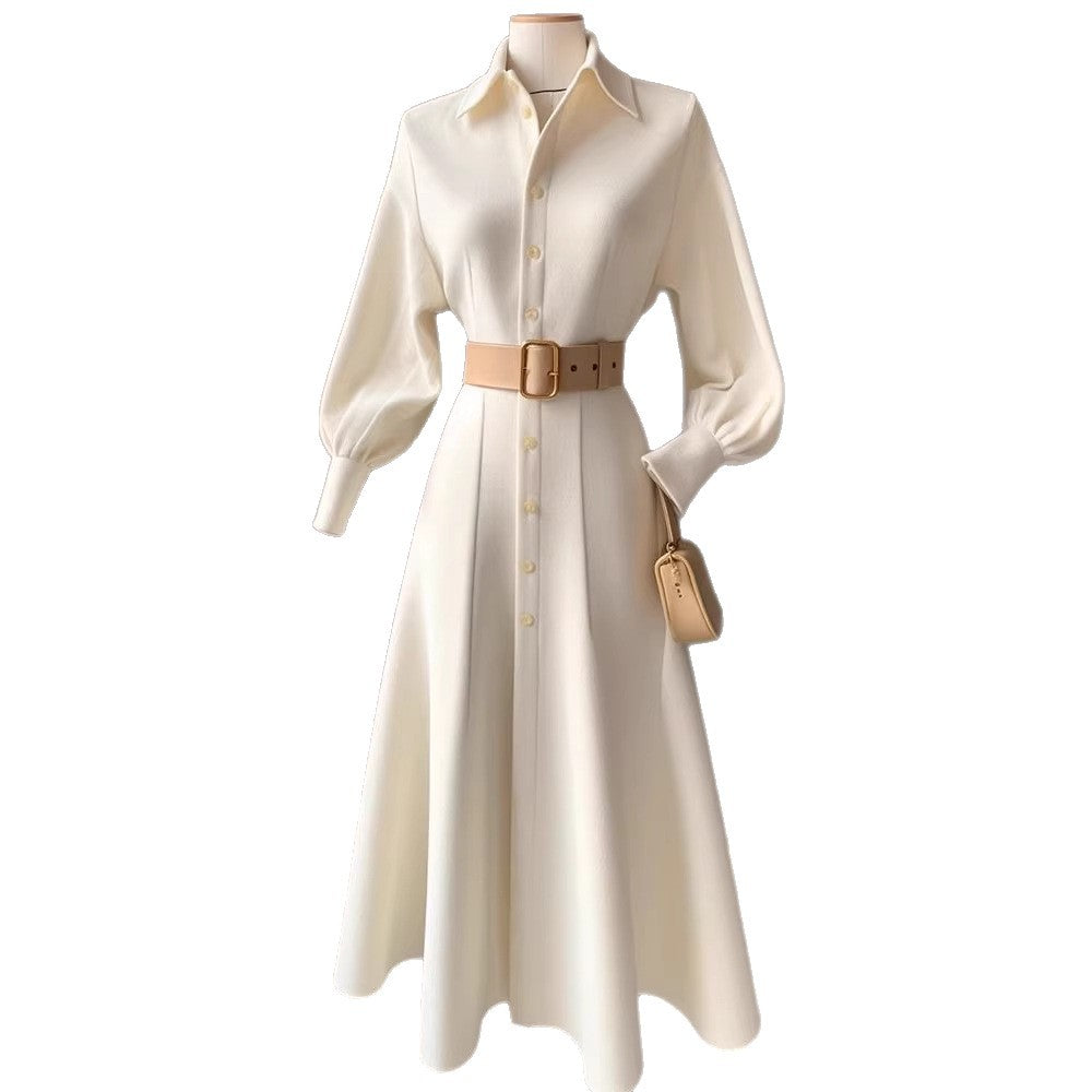 High-End, Stylish, and Fashionable White Dress for Commuting, Korean Style, New Autumn and Winter Model, Waist-Cinching, Slimming Shirt-Style A-Line Dress