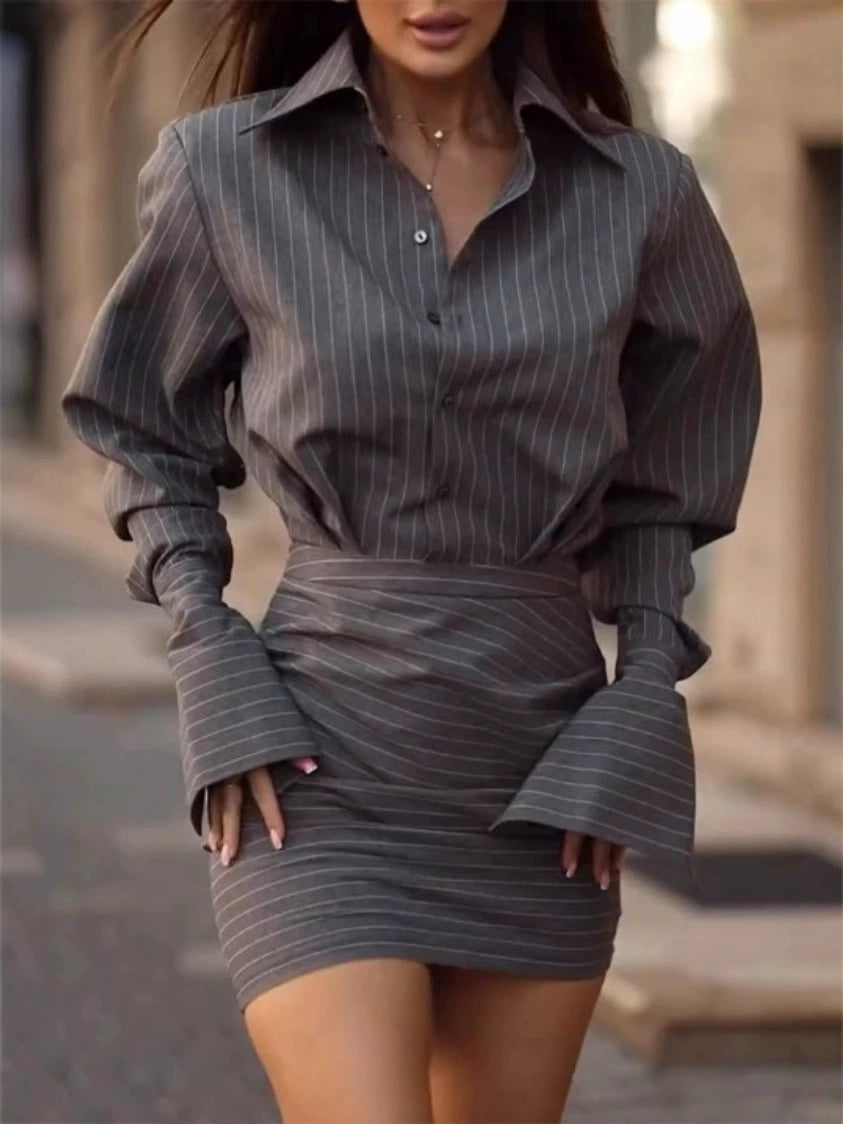 European and American Cross-Border Aliexpress Spring and Summer New Striped Top and Short Skirt Two-Piece Casual Suit for Women Nq6002