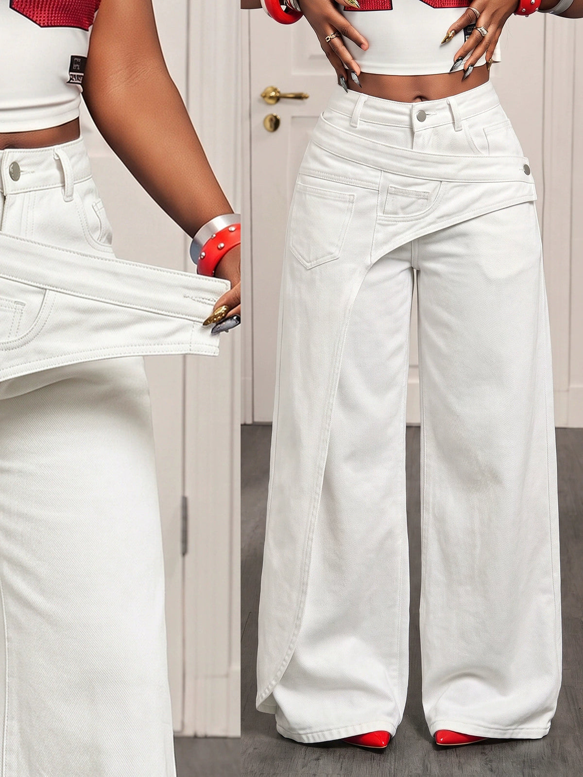 X-Spot Goods-66537 # Amazon Cross-Border European and American Versatile Casual Irregular Women's Wide-Leg Jeans Long Pants