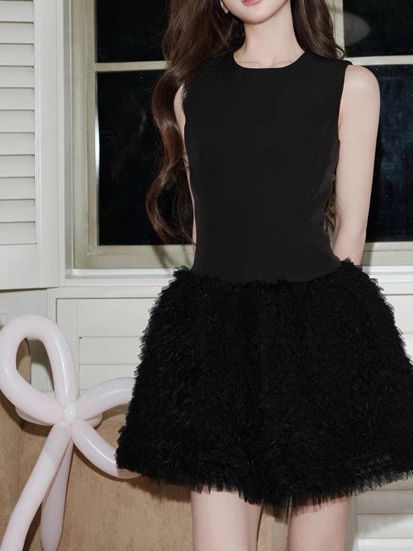 Avenement/Sleeveless Splicing/Temperament Round Neck Mesh Tutu Skirt A-Line Skirt Elastic Short Skirt for Women Summer
