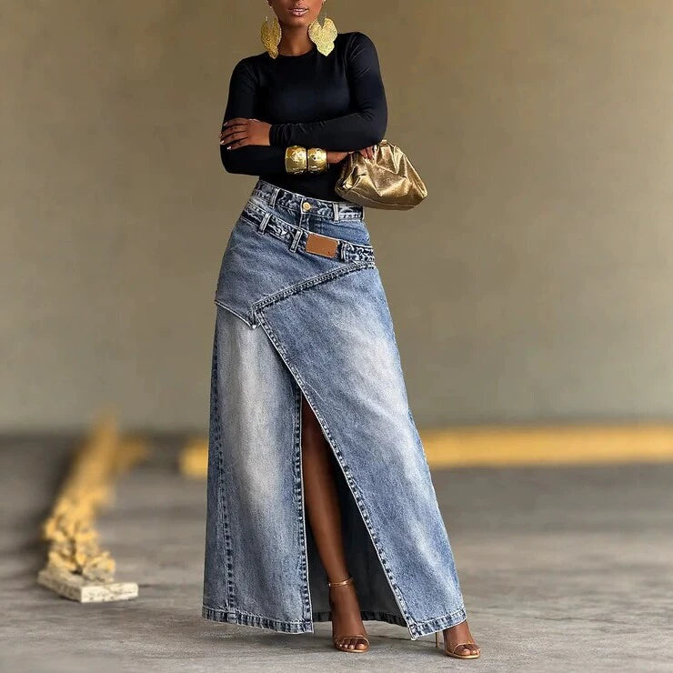 2026 Summer New European and American Cross-Border High-Waisted Irregular Slit Denim A-Line Long Skirt, Unique and Fashionable