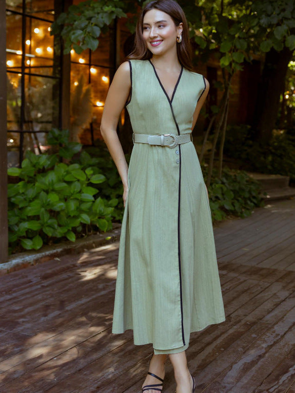 2025 Cross-Border European and American Fashion Hot Style Deep V Neck with Belt Sleeveless Long Dress