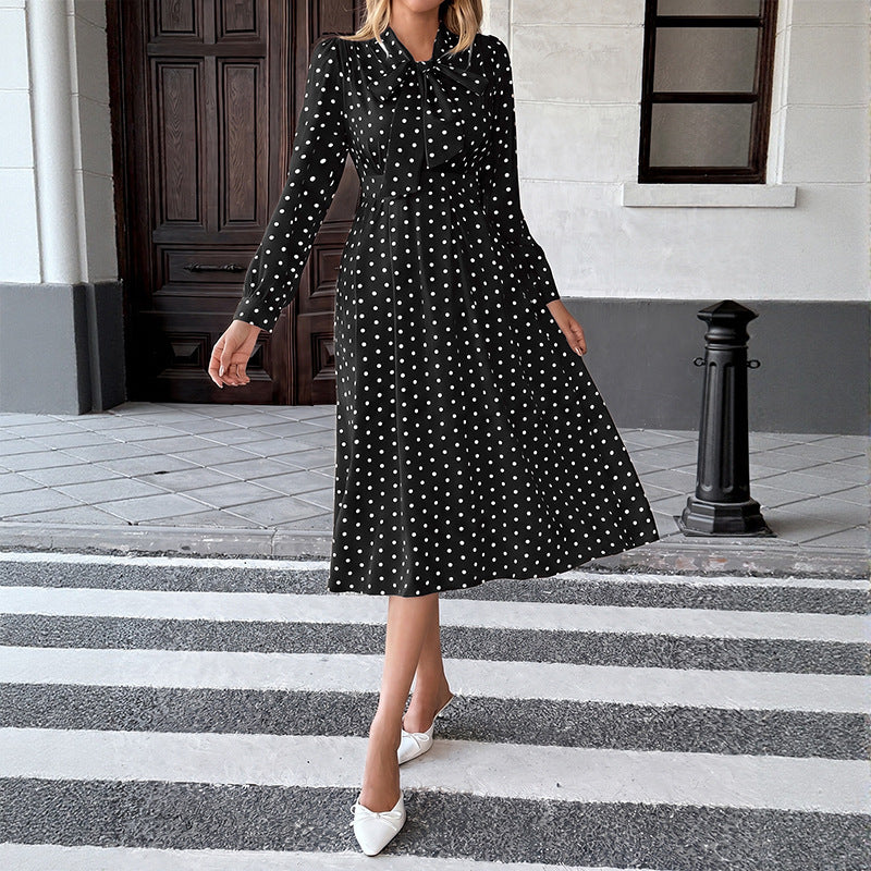 【Bai Fen Zhi Yi】Temu Cross-Border 2025 Autumn New Vintage Style Bow Collar Long Sleeve Polka Dot Dress