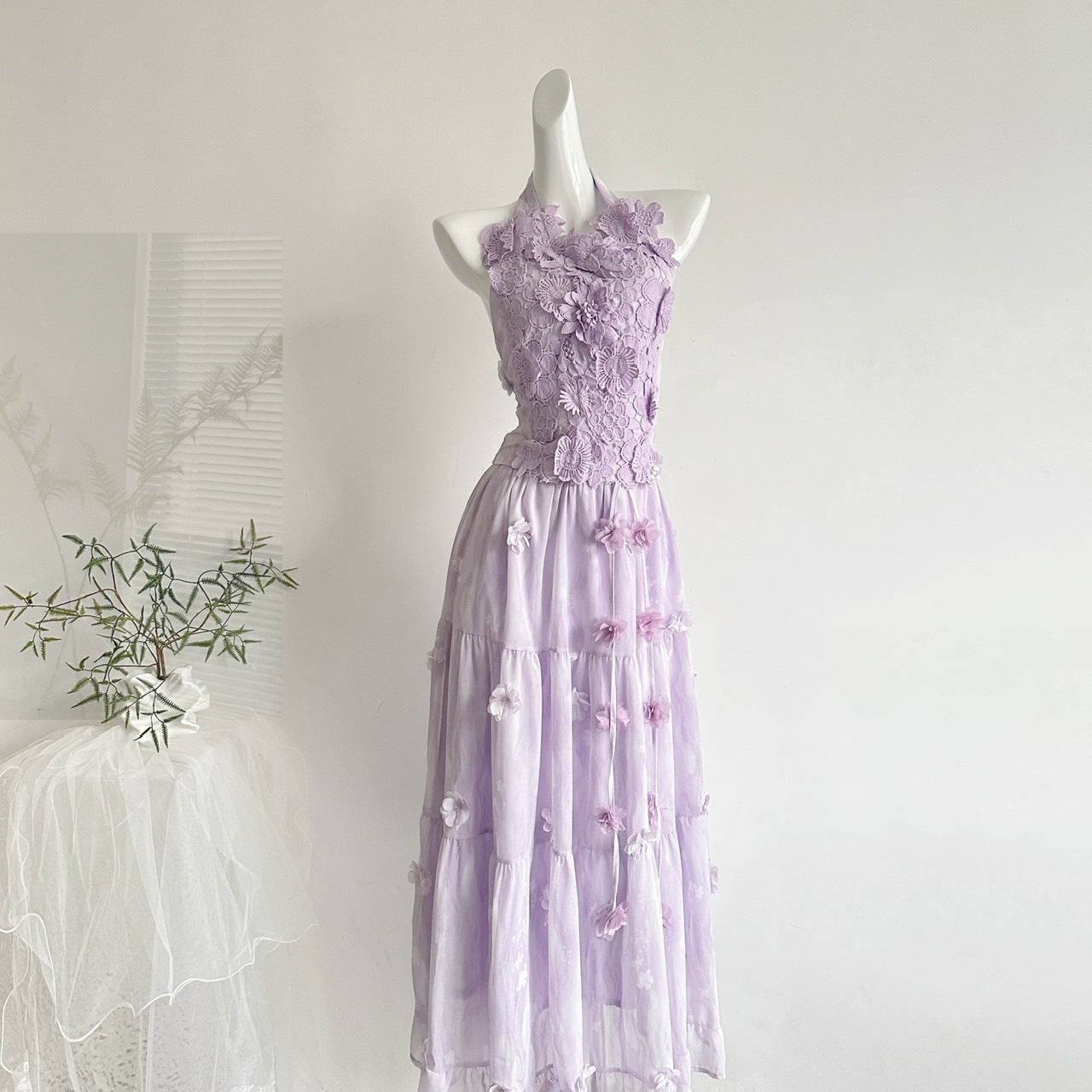 "Xinxing" Summer Slightly Tipsy Rosemary Purple Gradient Three-Dimensional Floral Lace Halter Top and Skirt Two-Piece Set
