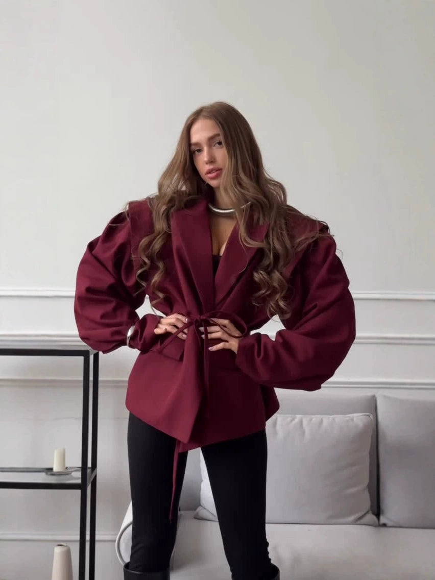 Cross-Border European and American Women's Clothing 2026 Summer New Style Elegant Commuter Casual V-Neck Tie Shoulder Pad Long-Sleeve Blazer for Women