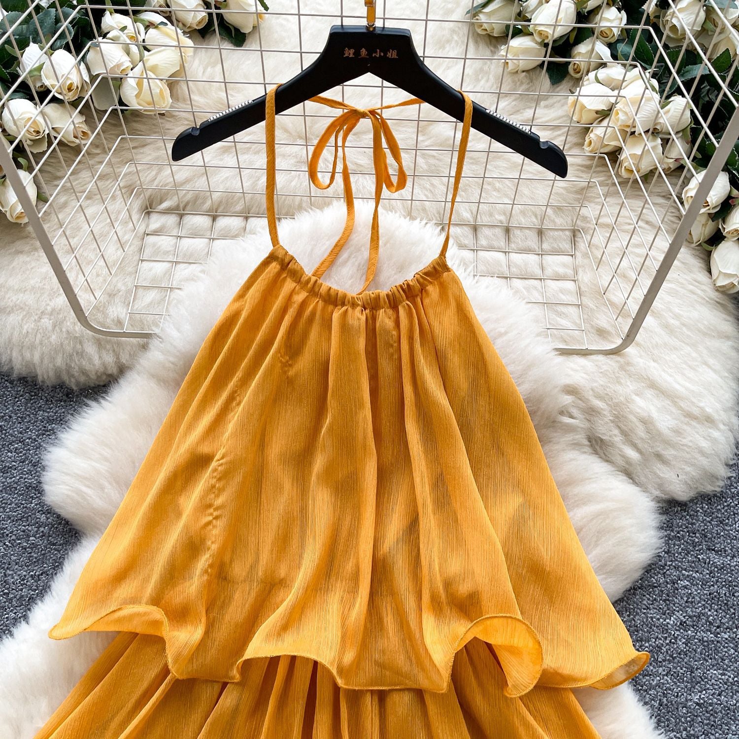 Yellow Dress for Women 2025 Summer French Atmosphere Halterneck Suspender Ruffle Stitching Cake Holiday Skirt