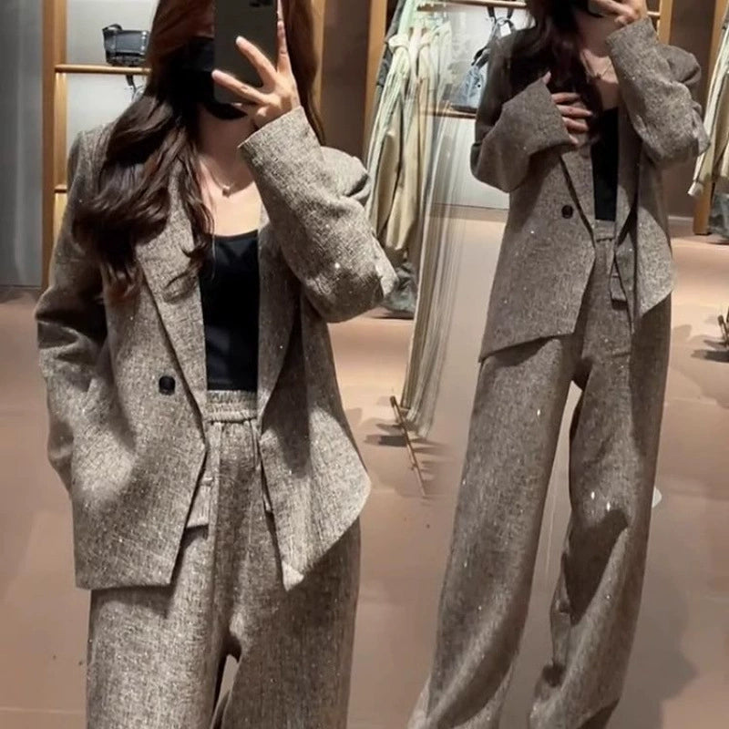 Fashionable Women's Autumn New Style Chanel-Inspired Slim-Fit Blazer and Wide-Leg Pants Two-Piece Set in Black
