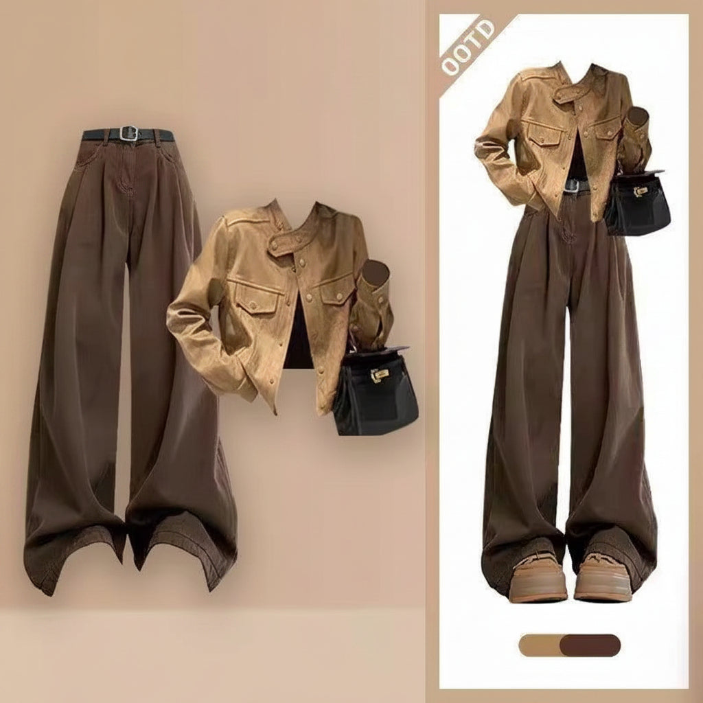 Sweet Cool Spice Girl Wear Women's Spring New High-end Temperament Short Jacket Loose Wide Leg Pants Two-piece Fashionable Set