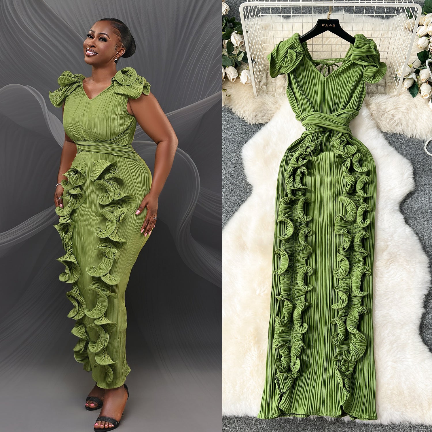 Banquet Classy Dress Classy Accessible Luxury Niche Pleated Stereo Ruffle Slim Long Elegant Dress for Women