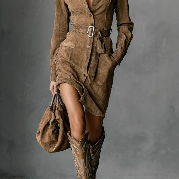 2025 Independent Foreign Trade Autumn Suede Fashion Long-Sleeve Turn-Down Collar Single-Breasted Short Shirt Dress with Belt
