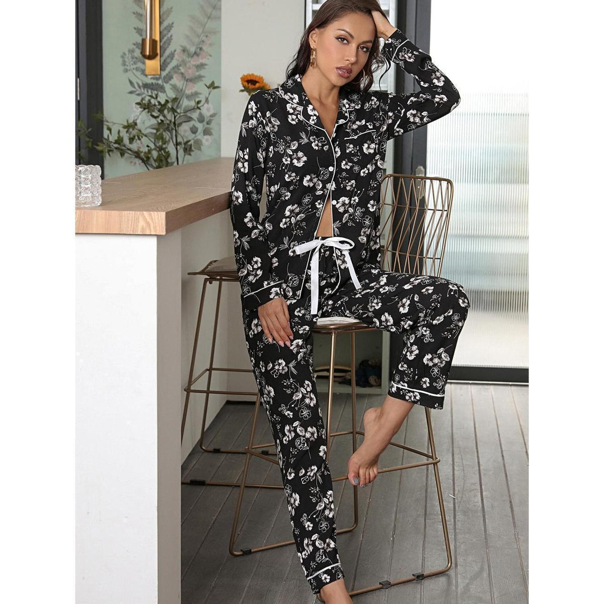Amazon Cross-border Foreign Trade Home Clothes Striped Cardigan Long-sleeved Top Trousers Can Wear Home Pajamas Women's Suit