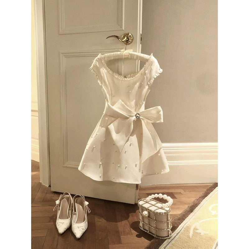 French High-End Light Luxury Pearl Bow Diamond Dress Women's Summer Temperament Princess Waist Puffy Skirt