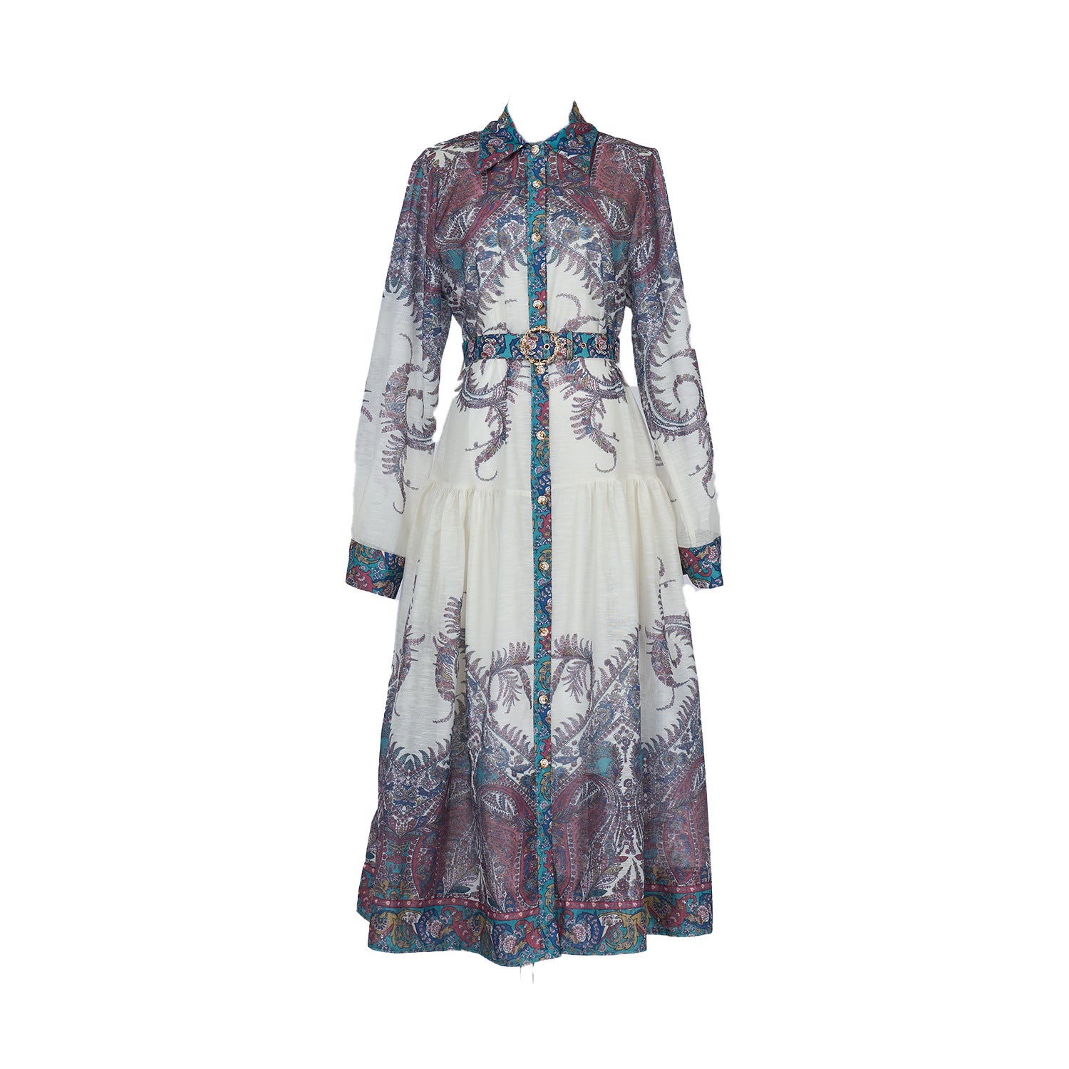 European and American Style Long-Sleeve Dress with a Wide Hem, Belt, Single-Breasted Design, and Printed Pattern, Suitable for the Beach in Sanya