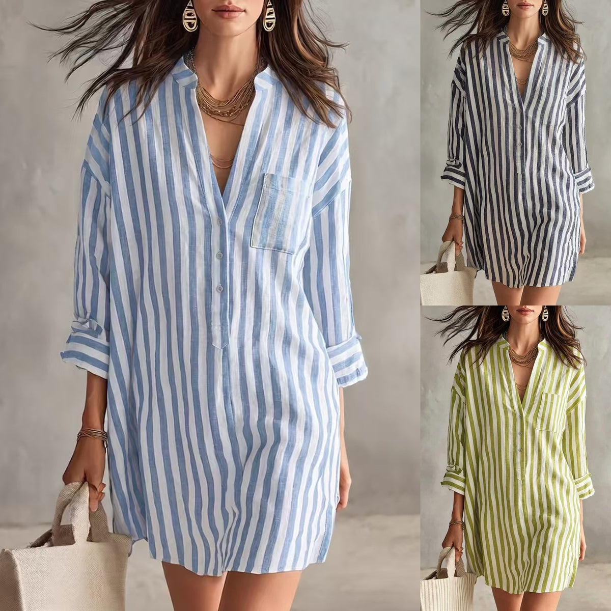 Disney-Inspired 2026 Autumn Chic V-Neck Striped Shirt Dress - Premium European & American Style
