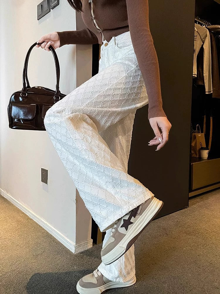White Jeans Women's Narrow Straight Long Pants Spring Woven Wide Leg Pants High Waist Loose Casual Pants