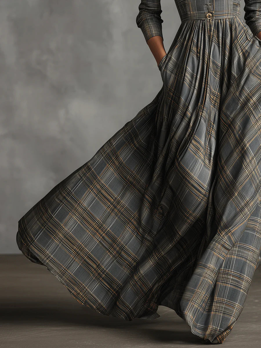 2025 Cross-Border European and American Clothing Autumn and Winter Retro Plaid Long Skirt with Elegant Elegant V Neck French Style Dress