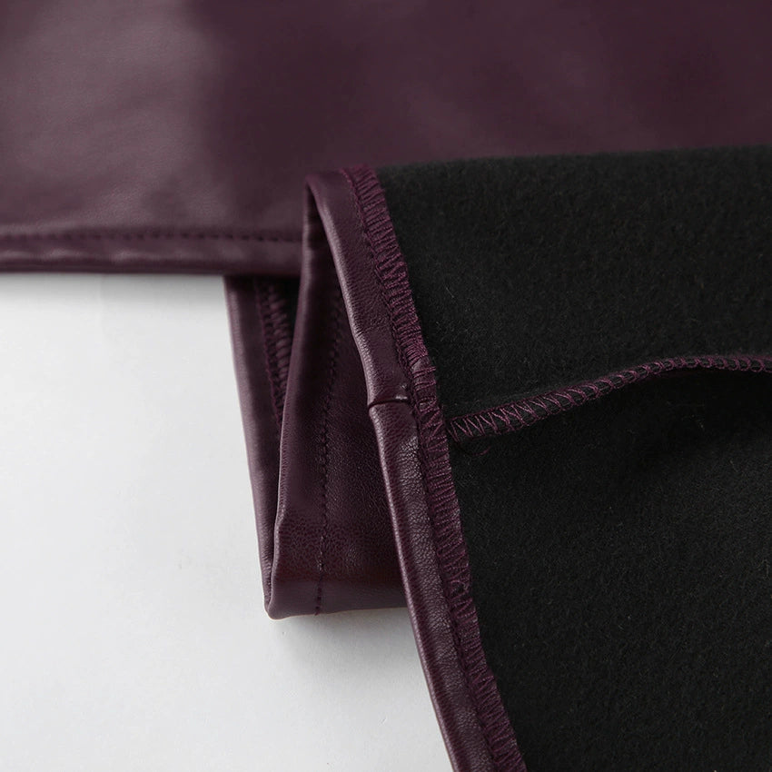 American Retro Burgundy Autumn and Winter Leather Jacket for Women, High-End Long-Sleeved Stand-Up Collar Belt, Waist Slimming Look Leather Jacket