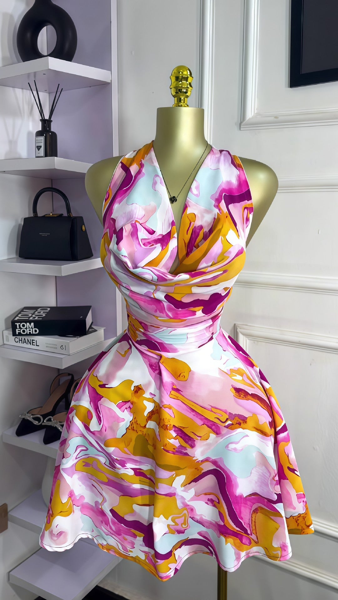 European and American Cross-Border Women's Clothing 2025 New Autum Sleeveless Swing Collar Waist Strap Elegant Printed Short Dress