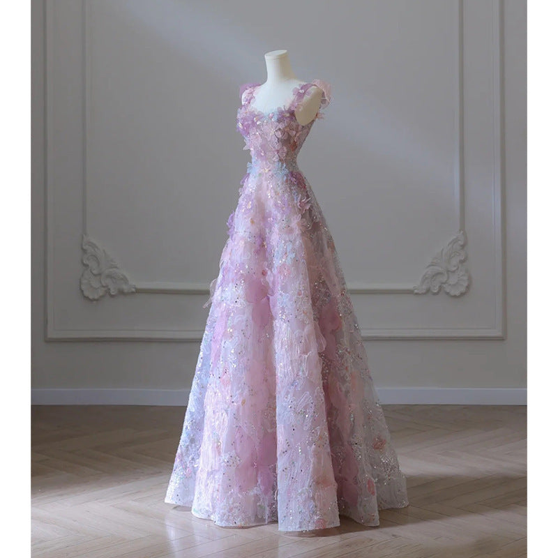 Purple Floral Toast Dress 2026 New Summer Heavy-Duty Luxury Hostess Birthday Party Banquet Dress