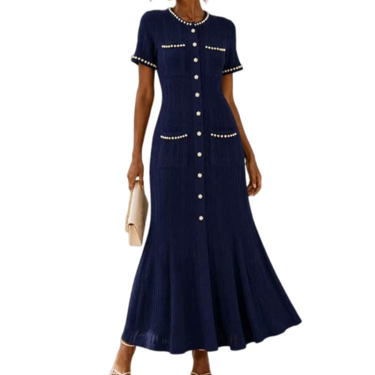 Cross-border French-style light luxury Chanel-inspired pearl round-neck knitted long dress, slim-fit, short-sleeved, fishtail dress