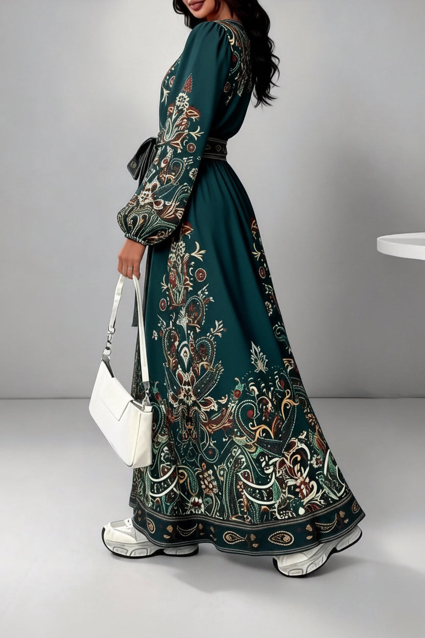 Enchanted 2026 Early Spring V-Neck Ethnic Print Long-Sleeve Waist-Tie Dress