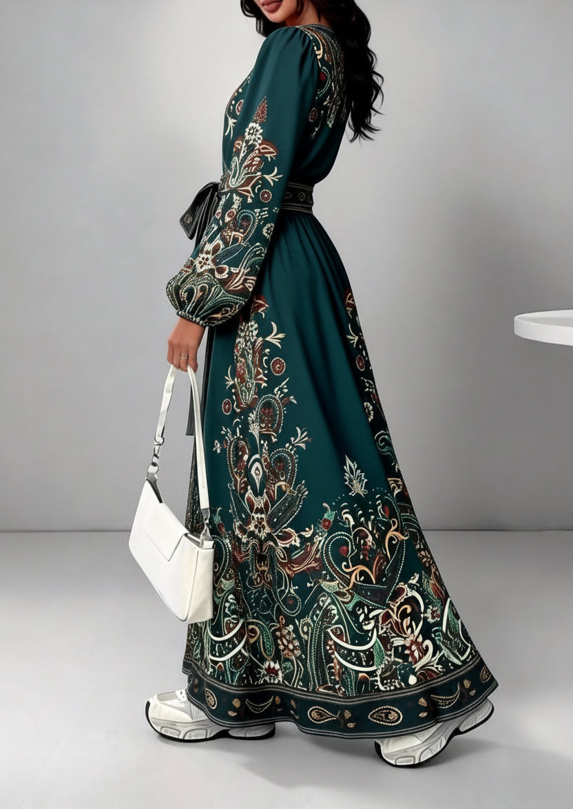 2026 Early Spring Cross-Border European and American Women's V-Neck Ethnic Style Long-Sleeve Printed Dress with Waist Tie
