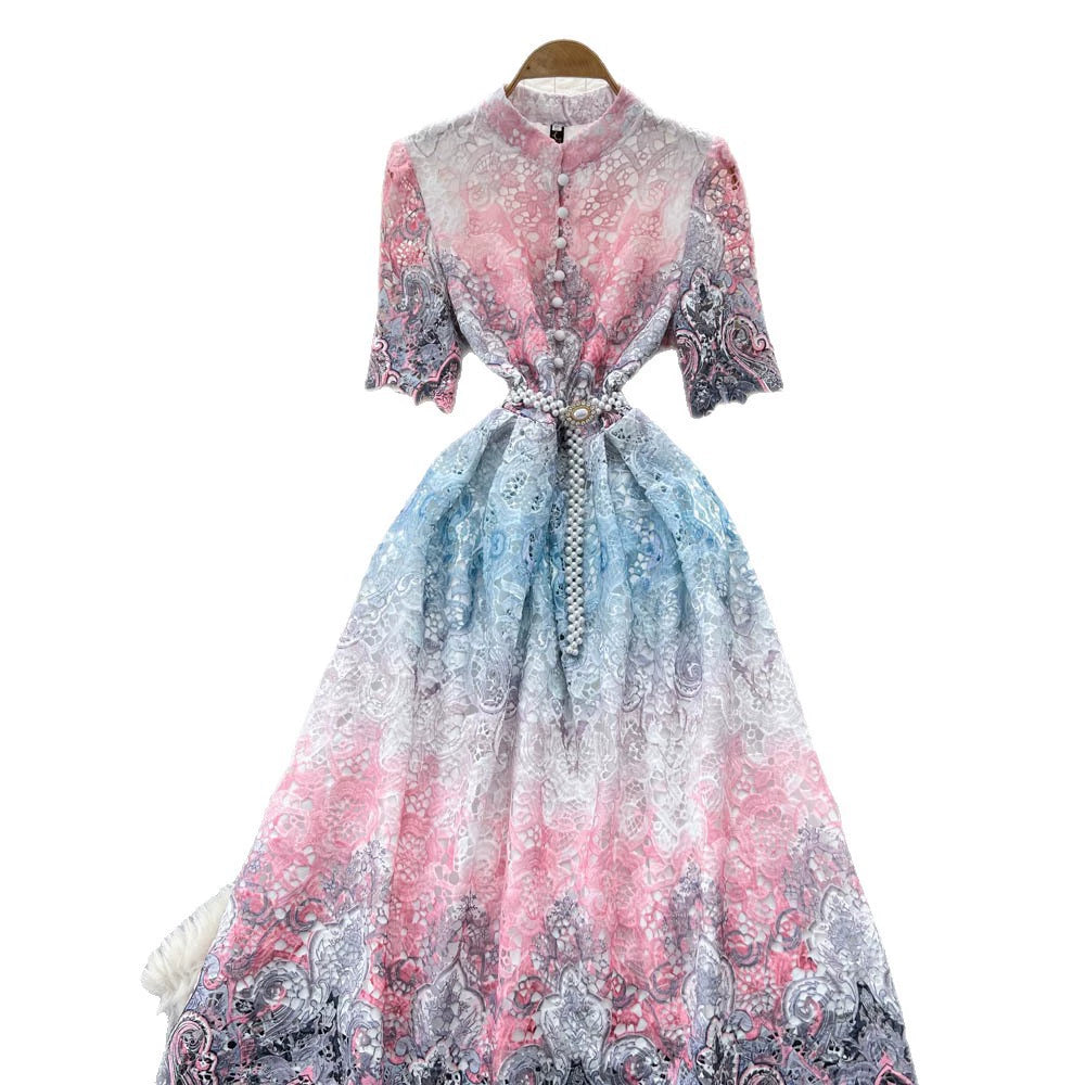 Cross-Border Style Elegant Dress for Women with a High-End Feel, Tie-Waist, Five-Quarter Sleeves, Hollow-Out Crochet Lace, Printed Large Hem Long Dress