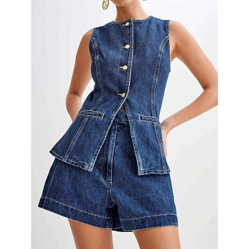 PAPARAZZI CLOSET European and American Trendy Denim Sleeveless Tops and Shorts Suit