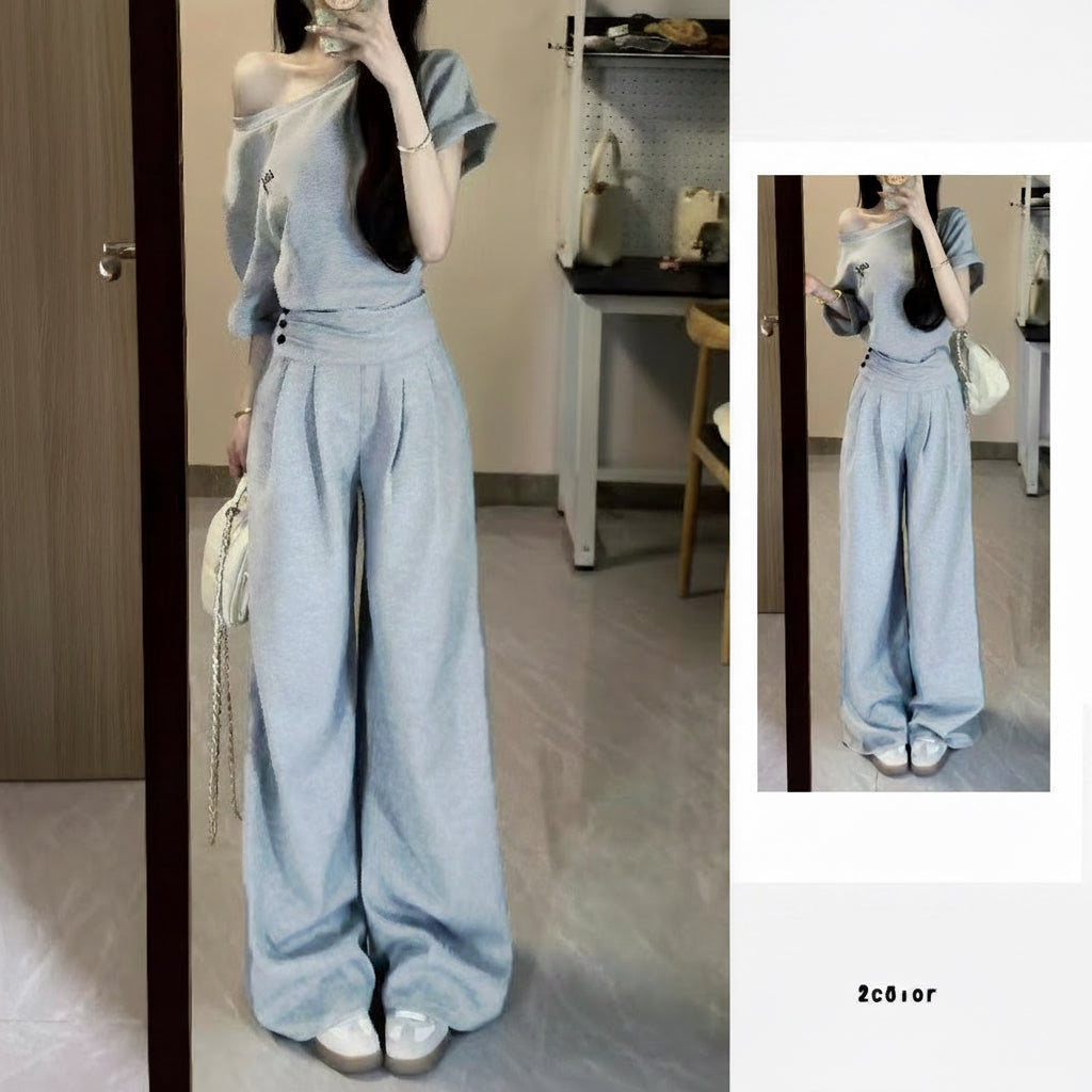2026 New Korean-Style Gray Casual Sports Suit for Women, Summer Short Waist-Cinching Off-Shoulder Top and Wide-Leg Pants Two-Piece Set
