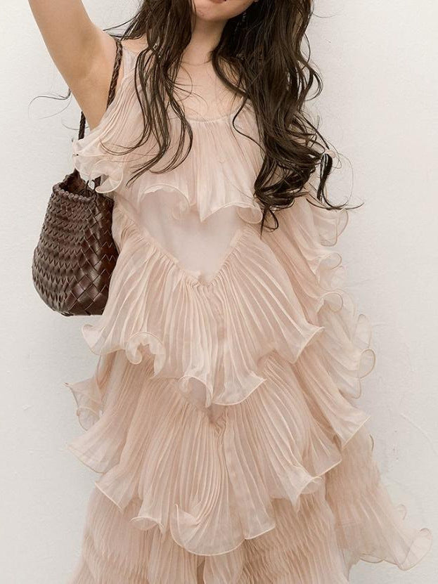 Song Weiyun-1 Roman Pinecone Pink-Toned Light Luxury Design Heavy-Duty Pleated Irregular Dress