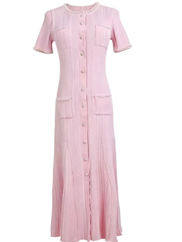 Cross-border French-style light luxury Chanel-inspired pearl round-neck knitted long dress, slim-fit, short-sleeved, fishtail dress