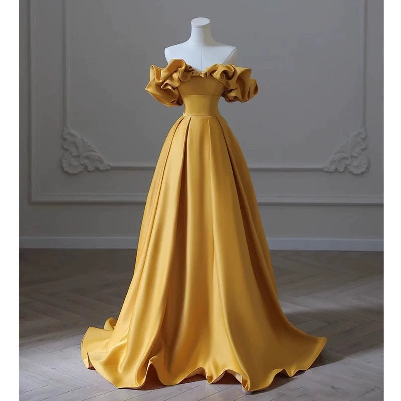 off-shoulder banquet evening dress dress women's satin yellow temperament light luxury niche high-end art test host dress