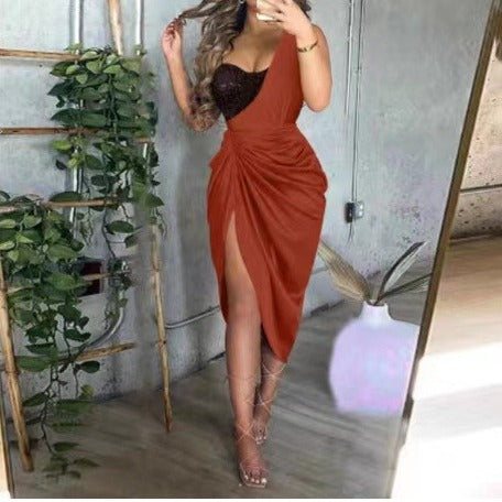 2026 European and American Cross-Border Amazon Wish Women's Sexy Sequined Slit Ruched One-Shoulder Evening Dress