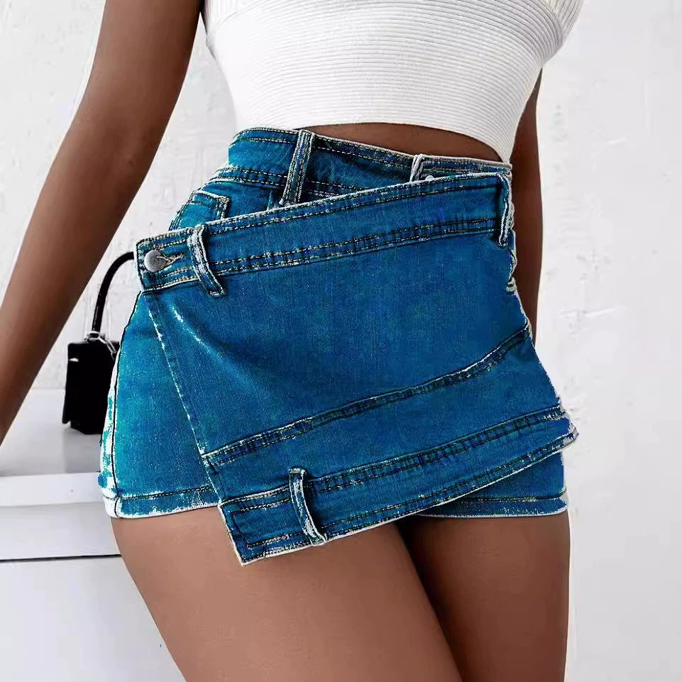 Plus Size Women's A-Line High-Waisted Irregular Wide-Leg Pants Korean Style Slimming Denim Skirt Pants Shorts Trendy Ins Fashion Brand