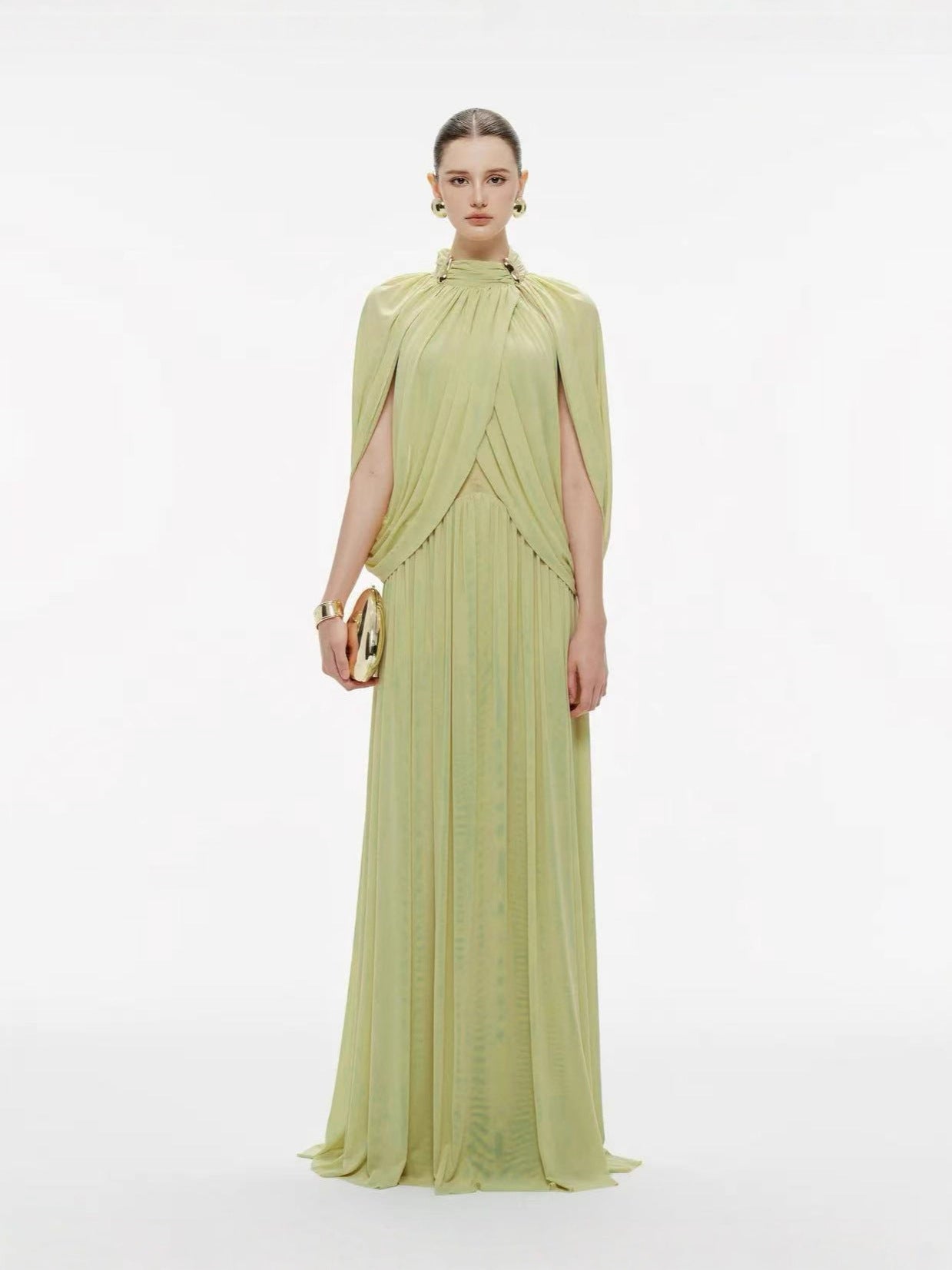 European and American Foreign Trade Cross-Border 2025 Autumn New Style Stand Collar Elegant Solid Color Pleated Knit Long Dress