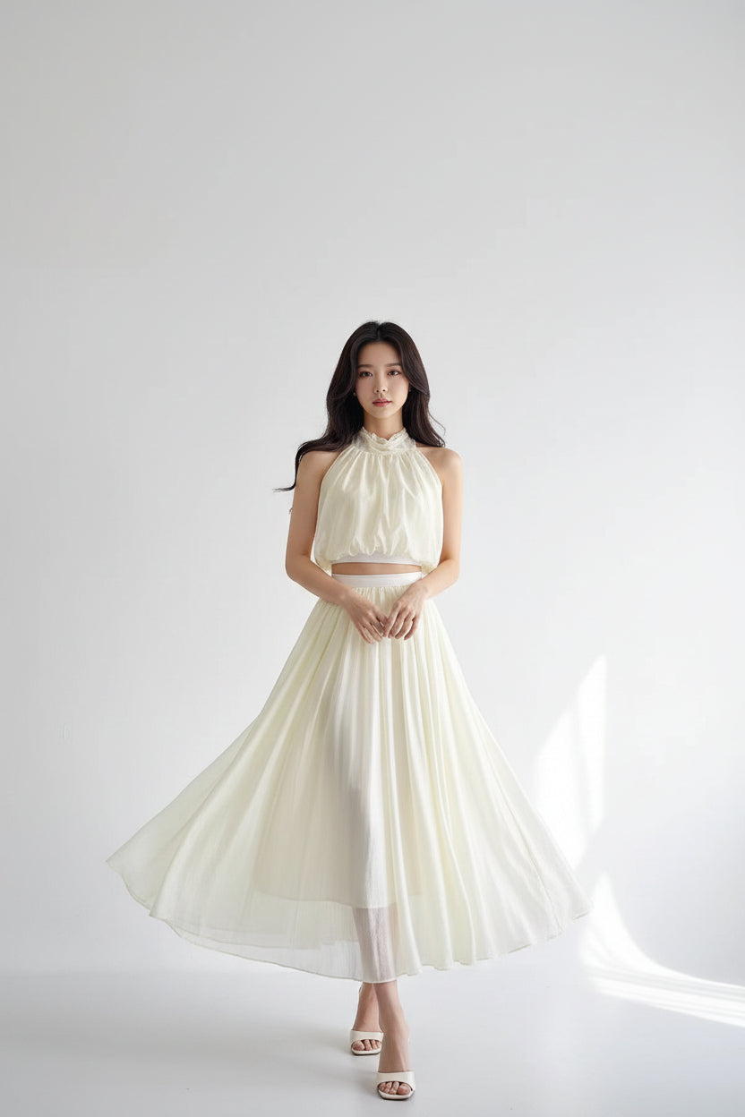 "Xinxing" Design-Inspired Pleated Sleeveless Top with High-Waisted Mesh A-Line Versatile Long Skirt White Set