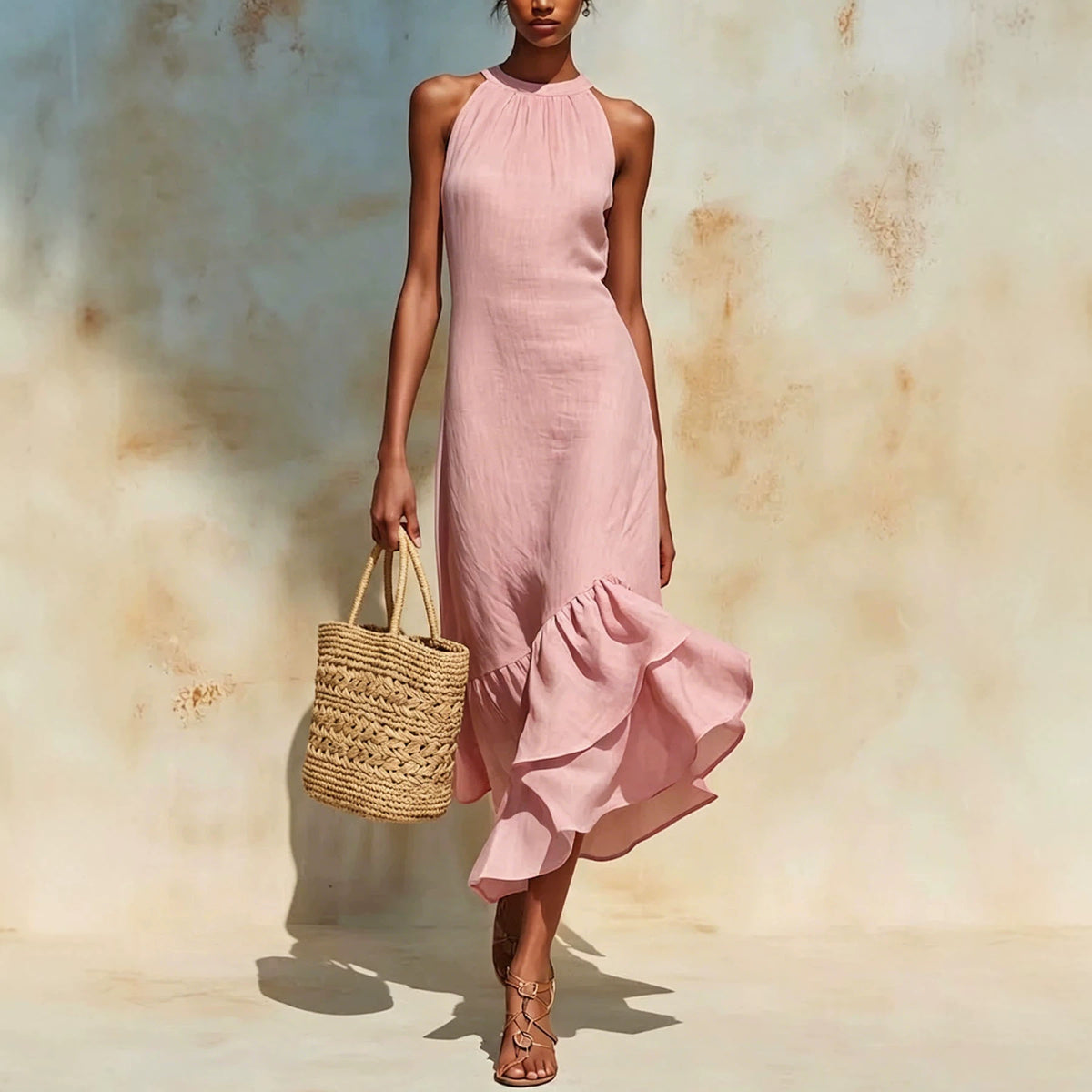 Disney-Inspired 2026 Summer European-Style Sleeveless Linen-Cotton Maxi Dress with Irregular Ruffle Fishtail Hem