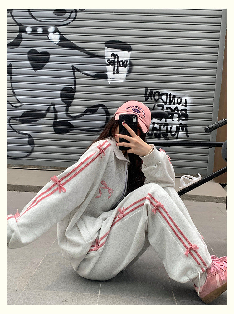 Hua Mian Academy Style Early Spring Wear Set 2024 New Bow Sports Casual Sweatshirt Coat Women's Straight Pants