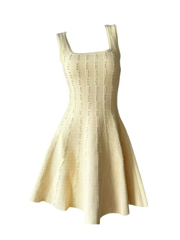 2026 Summer New Style French Women's Fashion Pearl Vertical Texture Waist-Cinching A-Line Skirt Strap Dress