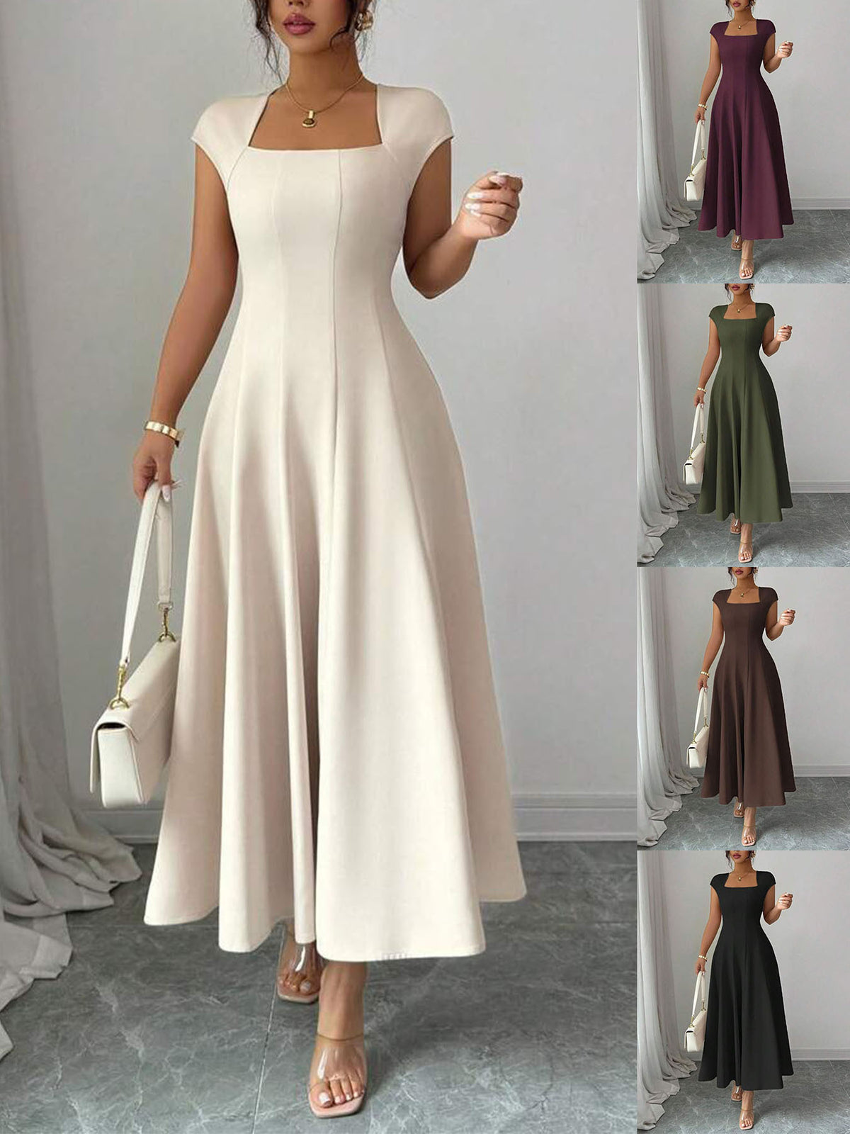 Elegant Square Neck Short-Sleeve Long Dress