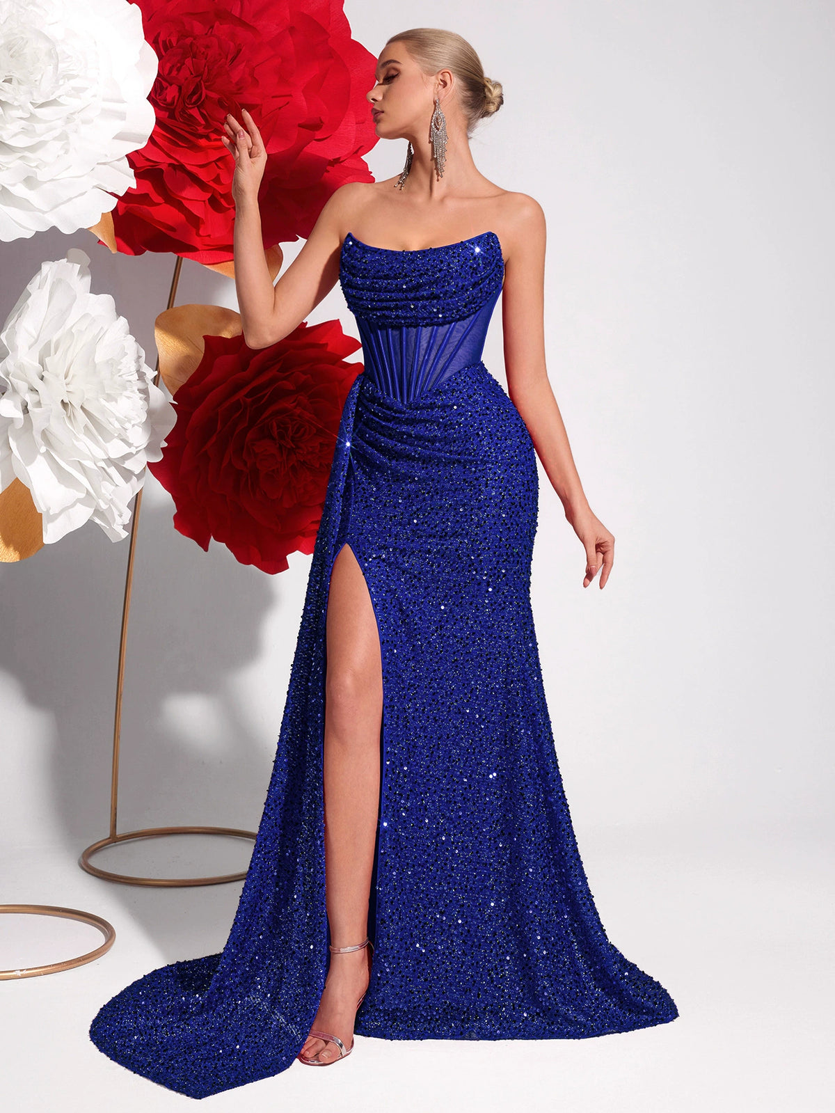 New Sequined Tube Top Slimming Look Evening Dress High Slit Model Catwalk Banquet Accessible Luxury Party Dress