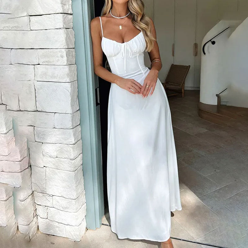 2025 Cross-Border European and American Export Women's Independent Station New Style Elegant Lace-Up A-Line Pure Color Mid-Length Dress